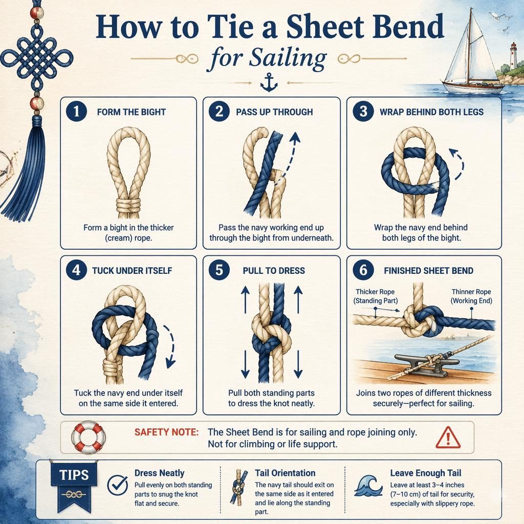Watercolor sailing infographic with 6 step cards showing how to tie a sheet bend using cream and navy ropes.