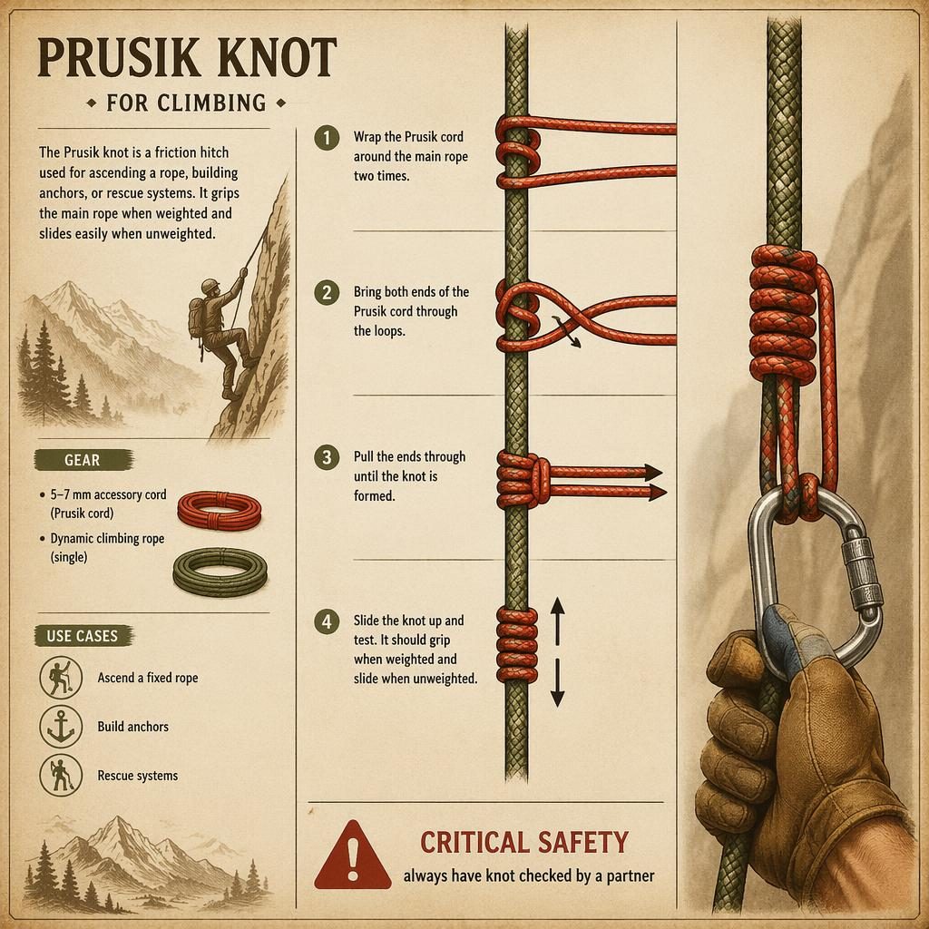 Vintage parchment-style infographic showing a prusik climbing knot tied step by step with correct rope geometry and safety callout