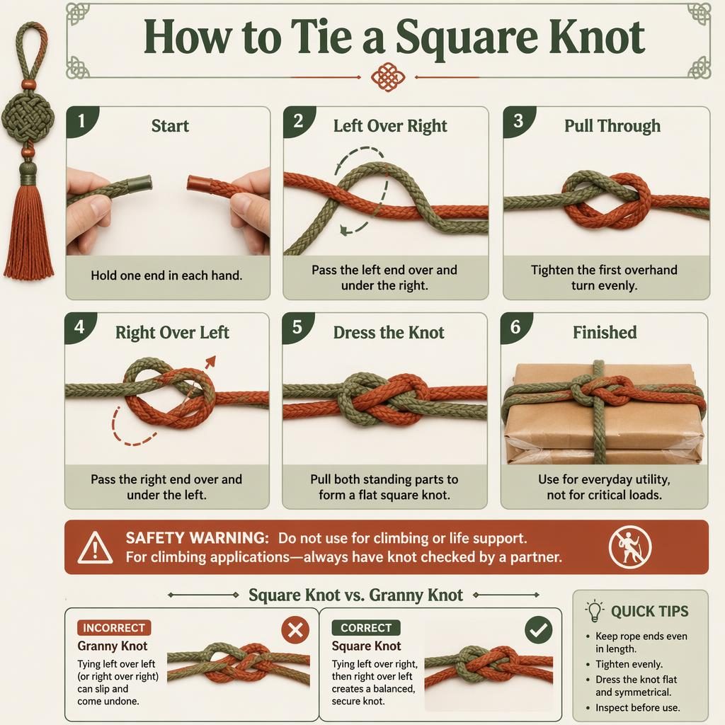 Six-step rope knot infographic showing how to tie a square knot with safety warning and granny knot comparison inset.