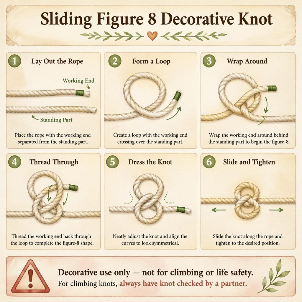 Watercolor infographic showing 6 steps to tie a sliding figure 8 decorative knot, plus a decorative-use-only safety card.