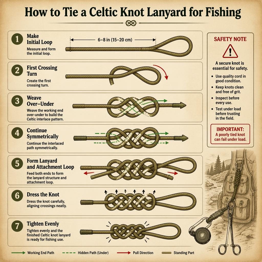 Instructional infographic with 7 numbered cards showing how to tie a Celtic knot lanyard for fishing on parchment.