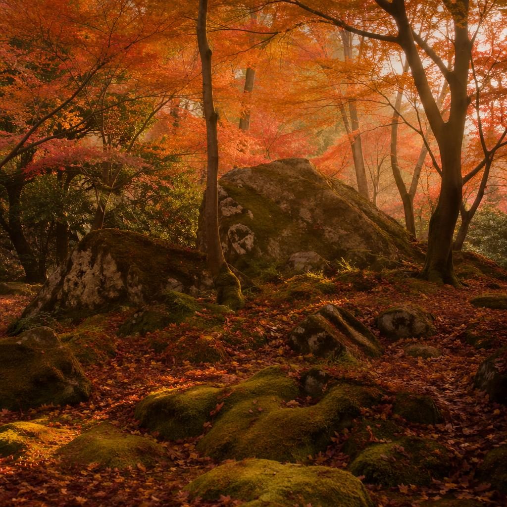 Sunrise over a Japanese autumn momiji forest with rust-red leaves, misty light, and sharp fine art landscape detail