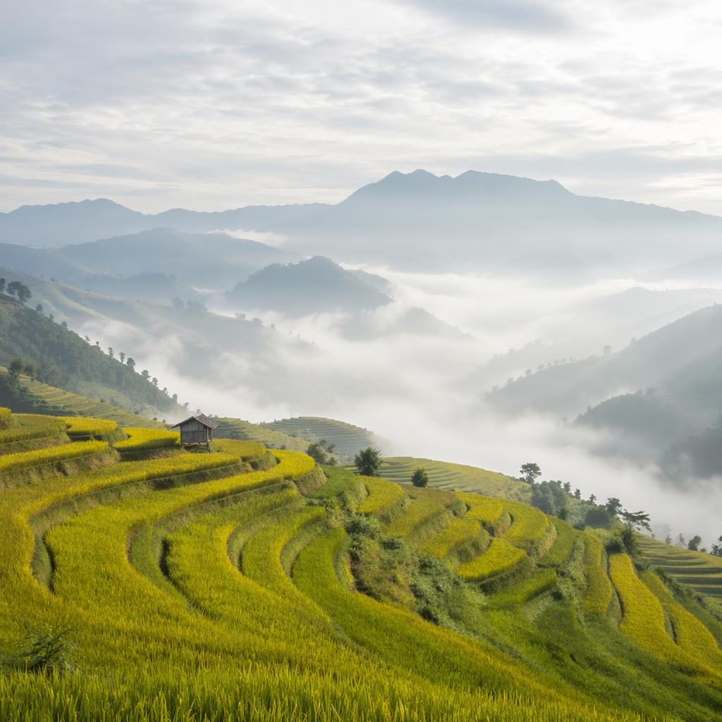 Terrazas de arroz en paisaje montañoso con niebla ligera al mediodía, cielo despejado y tonos pastel suaves.