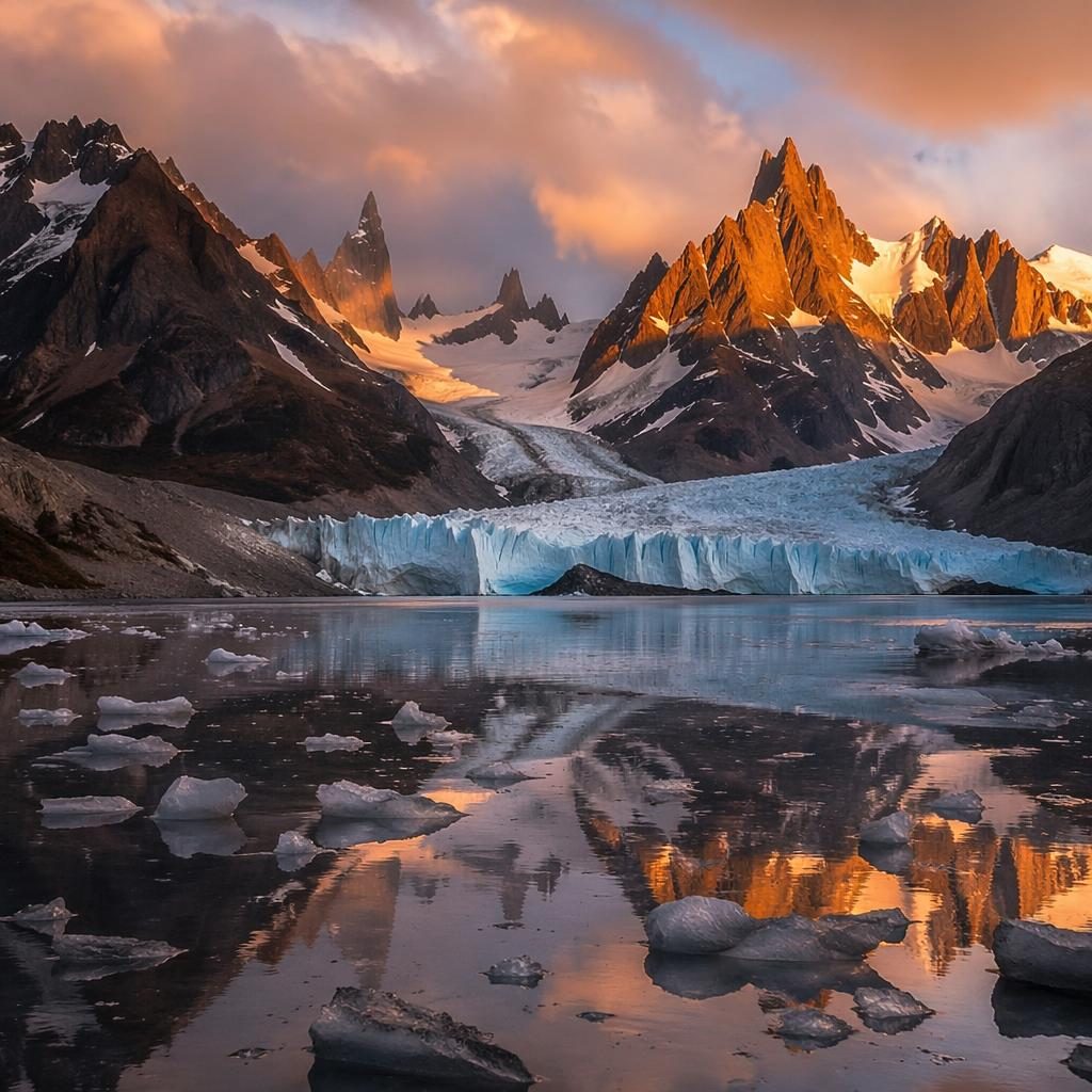 Snowy Patagonia mountains and arctic ice glowing at golden hour sunrise in a high-contrast monochrome winter landscape.