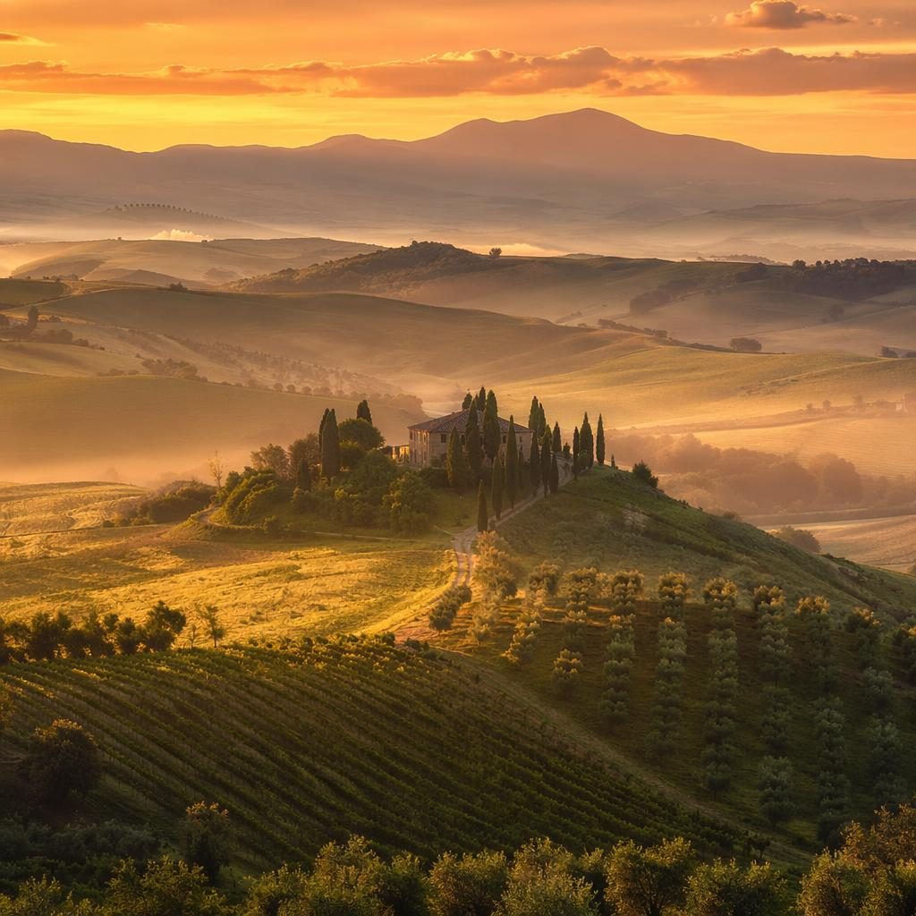 Foggy Tuscan hills with cypress trees at sunset, warm light over rolling dunes and a distant mountain background.