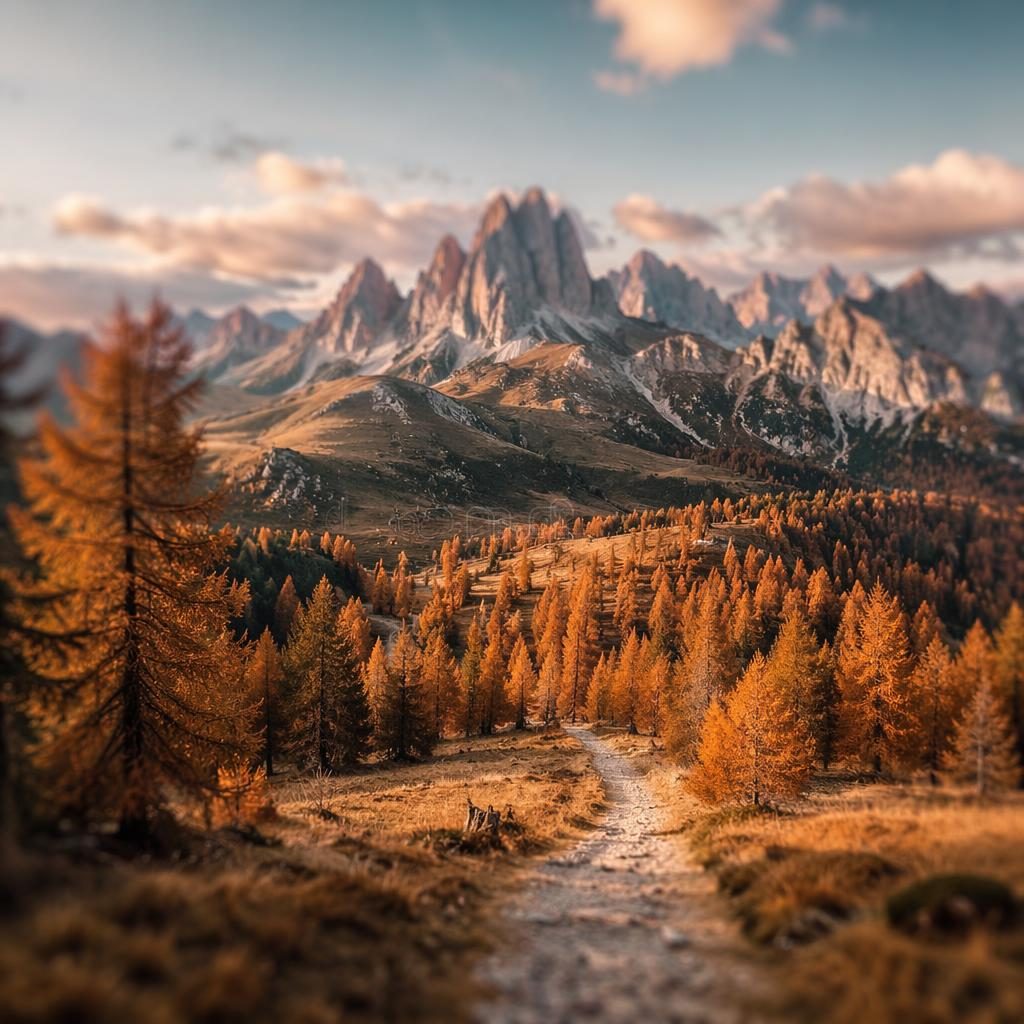 Tilt shift landscape of Dolomites peaks at sunset above an autumn forest path covered in fallen leaves