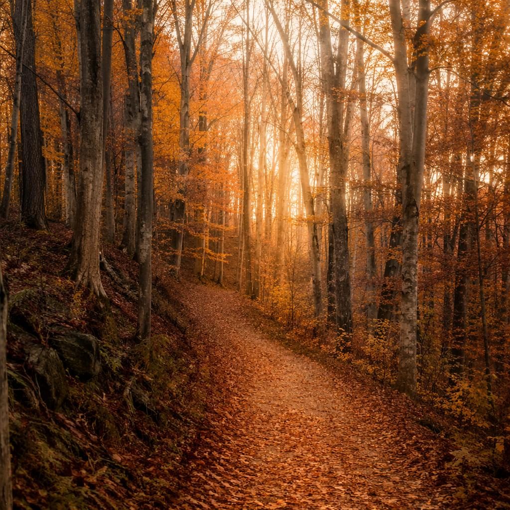 Autumn forest path covered in rust-colored leaves with soft golden sunrise light, sharp focus and atmospheric depth