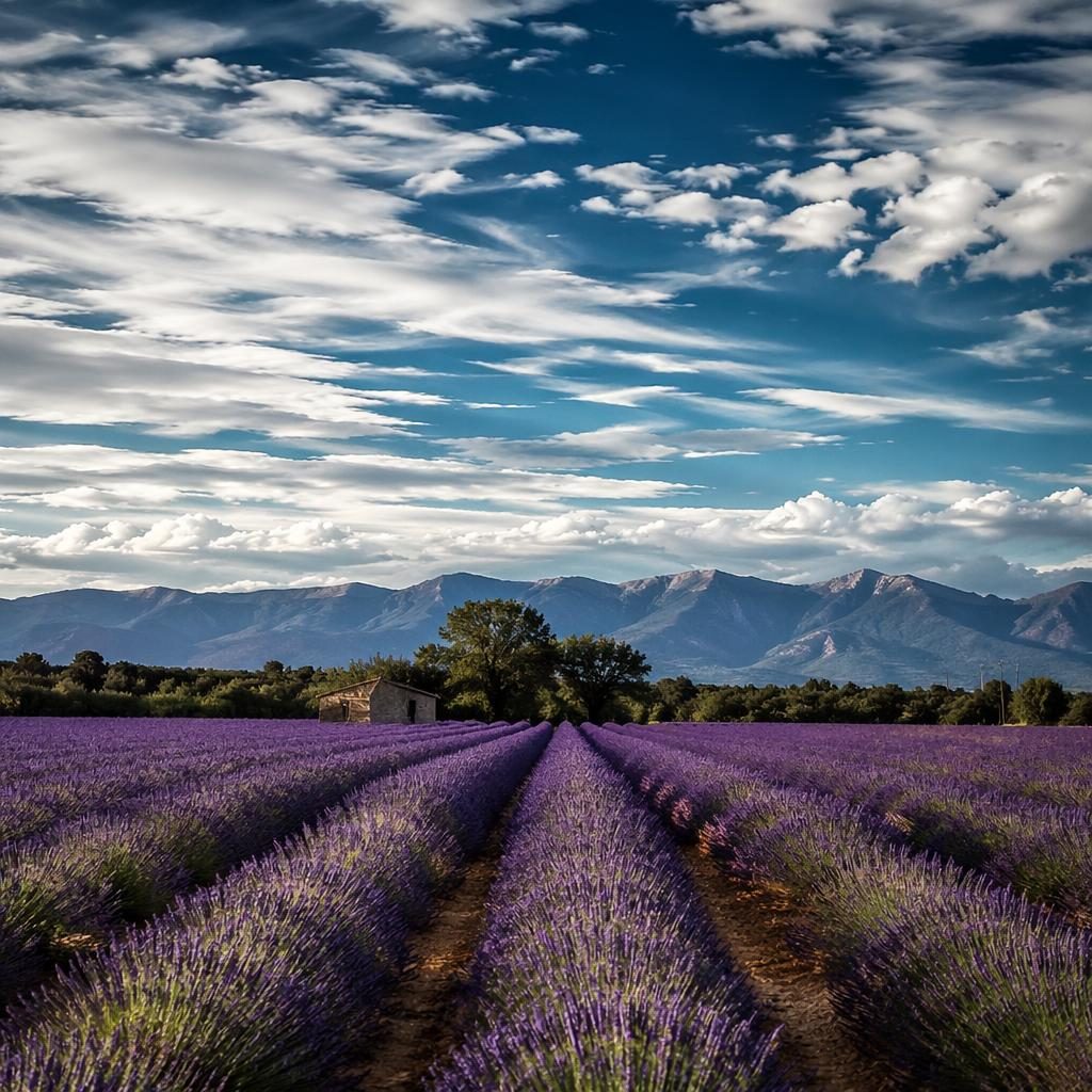 Campo de lavanda en Provenza durante el verano, cielo despejado al mediodía y luz dramática en fotografía realista