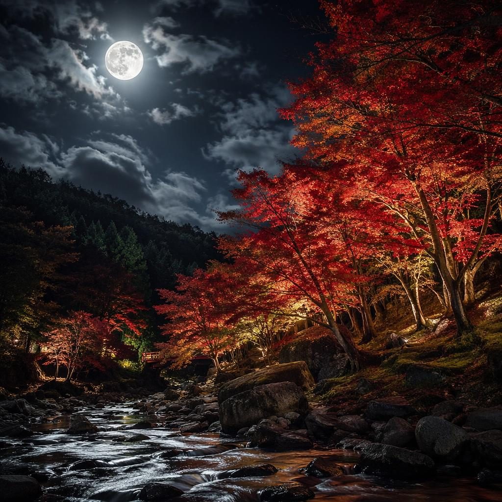 Autumn momiji forest in Japan under a full moon at night, high-contrast monochrome HDR with sharp detail.
