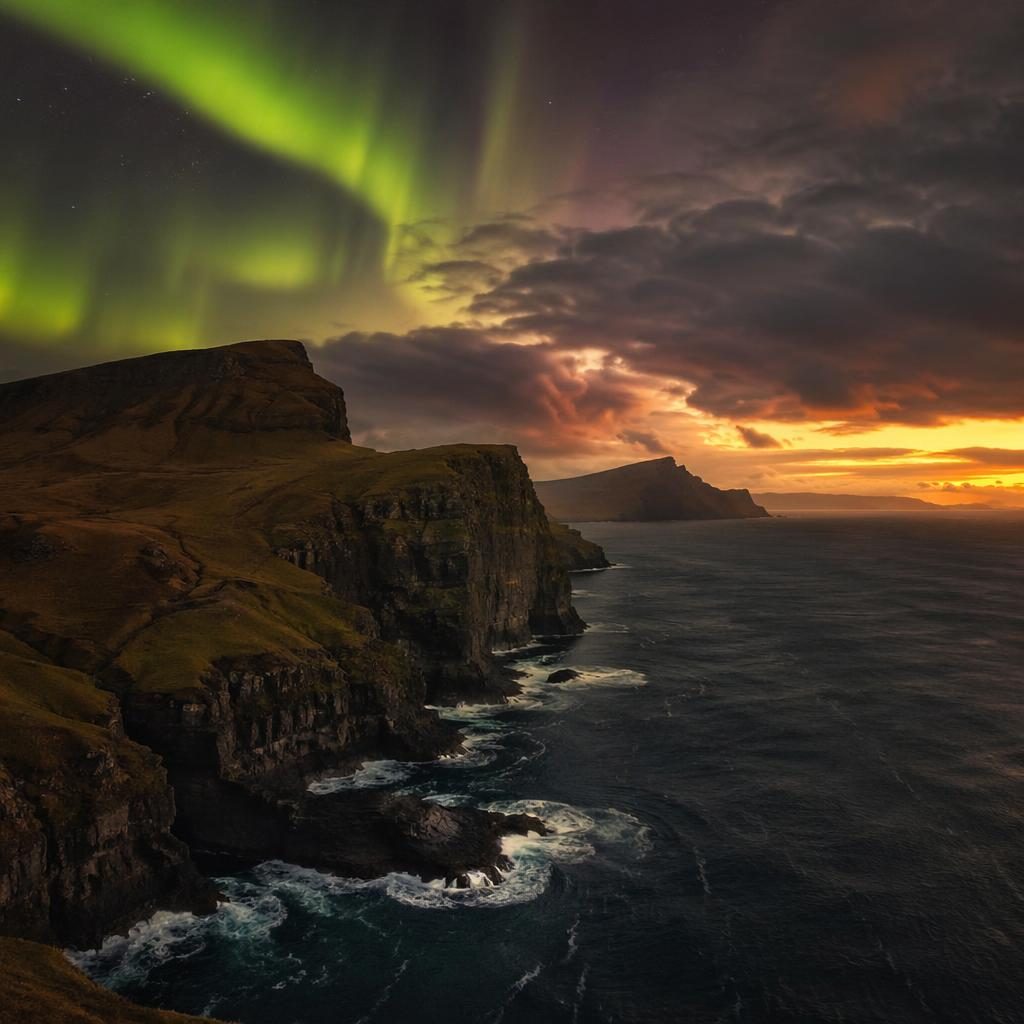 Stormy cliffs in the Faroe Islands beneath an aurora-lit sunset sky, with dramatic light over the ocean.