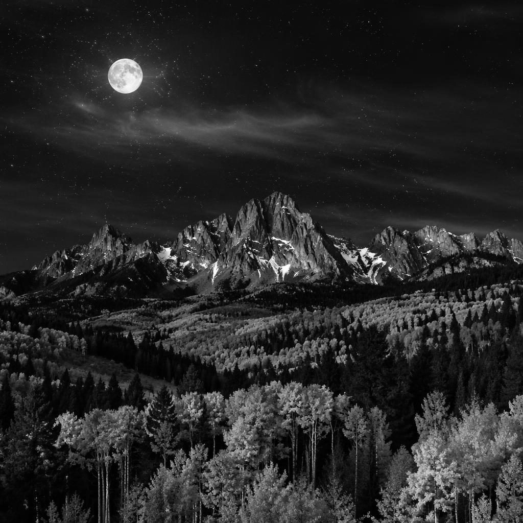 Monochrome night landscape of Arches National Park with rock arches, stars, and an autumn forest under a full moon.