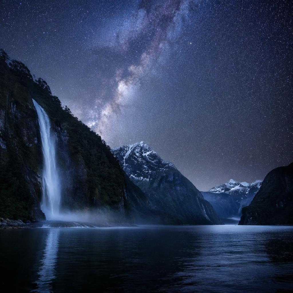 Waterfall in Milford Sound beneath a bright Milky Way sky, cool blue and silver tones, dramatic spring landscape