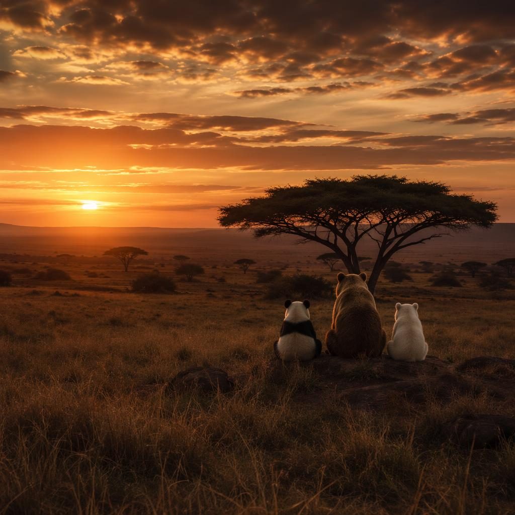 Photorealistic Serengeti grassland at dusk with open plains, soft atmospheric light, and a dramatic natural skyline.