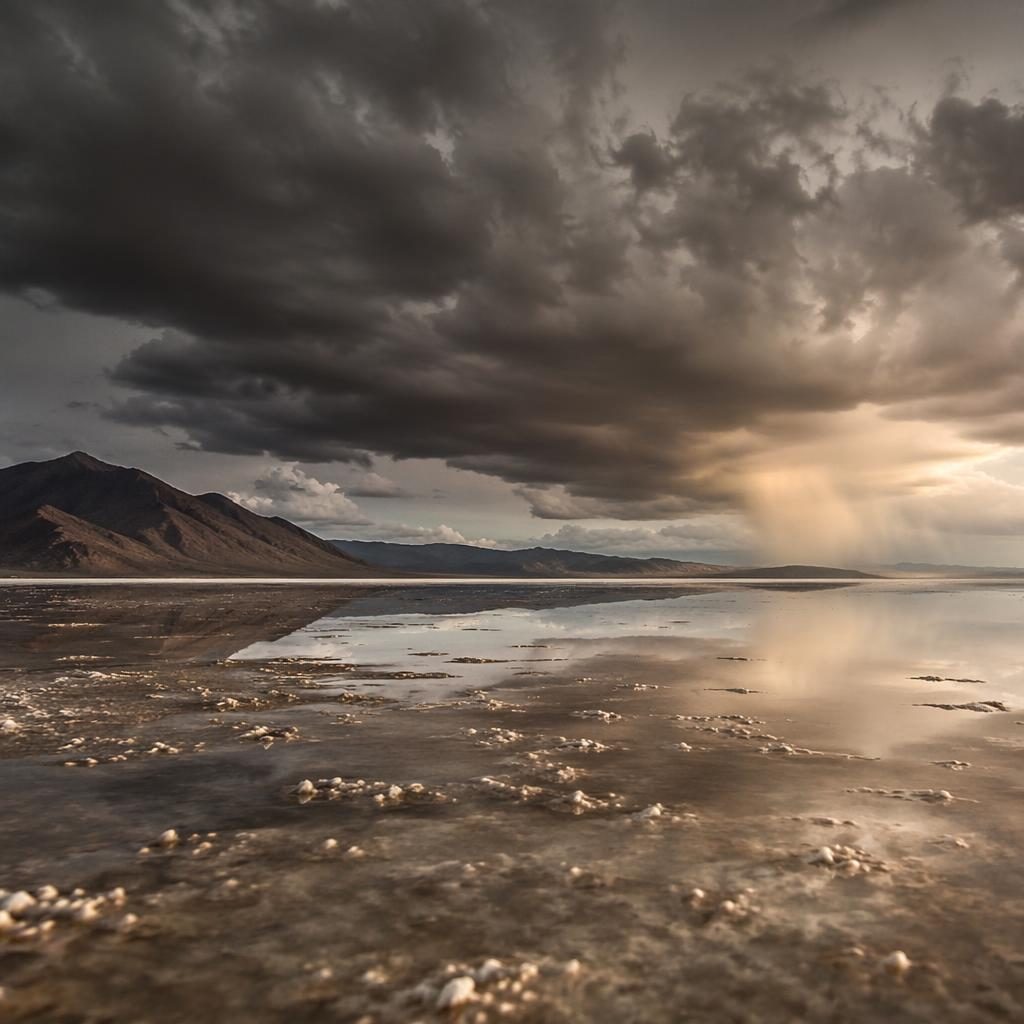 Salar de Bolivia con efecto espejo, cielo de tormenta dramático y luz atmosférica en tonos monocromos y ocres.