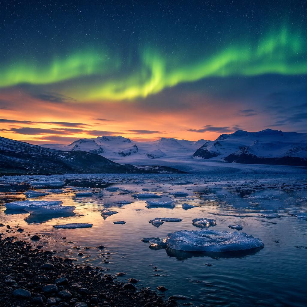 Aurora über einem isländischen Gletscher in vulkanischer Landschaft zur blauen Stunde im Frühling
