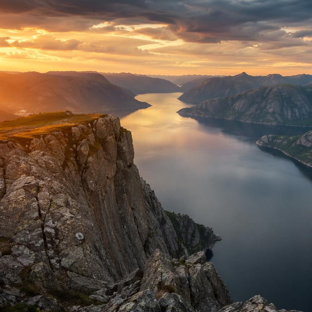 Dramatische Meeresklippen an einem norwegischen Fjord im weichen Licht der Mitternachtssonne, bewölkter Himmel