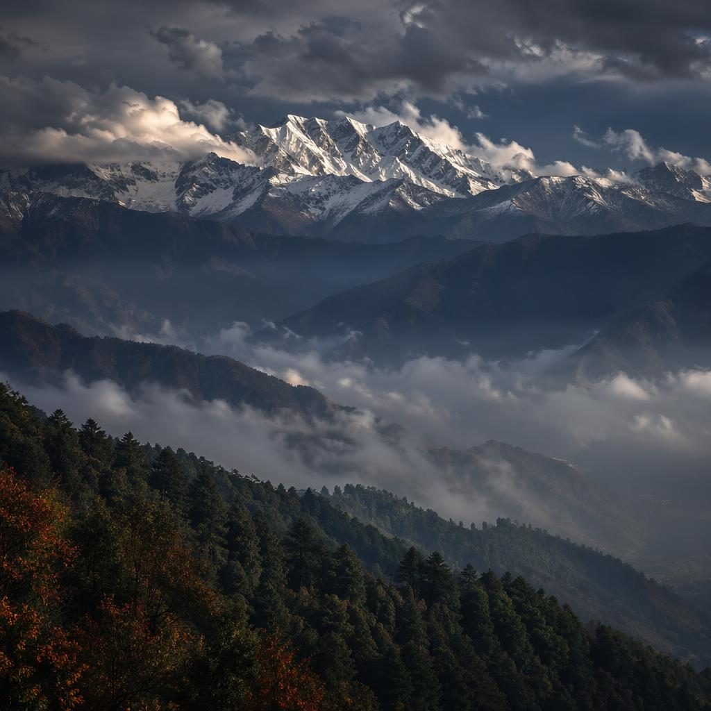 Foggy Great Smoky Mountains landscape with layered ridges, autumn tones, stormy sky, and dramatic atmospheric light.