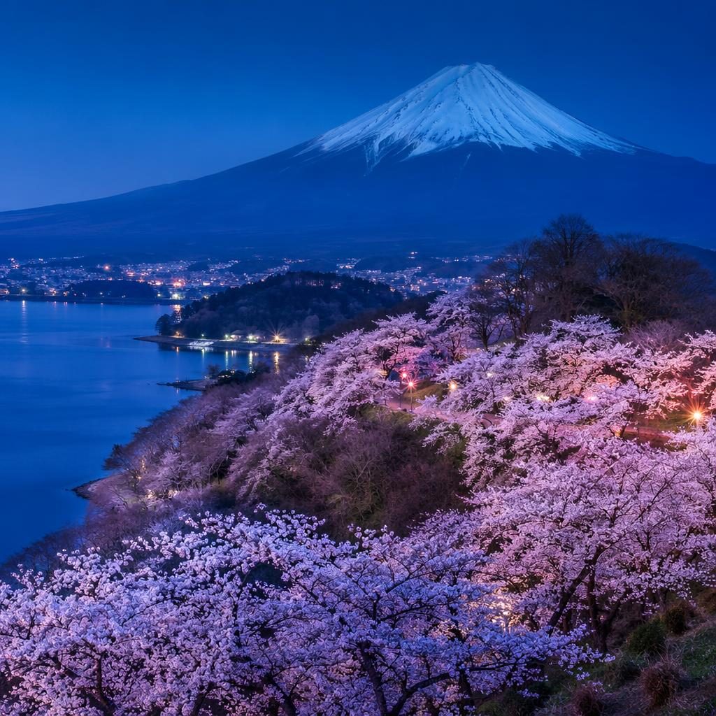 Mont Fuji au crépuscule bleu, collines ondulantes et cerisiers en fleurs, rendu HDR monochrome contrasté
