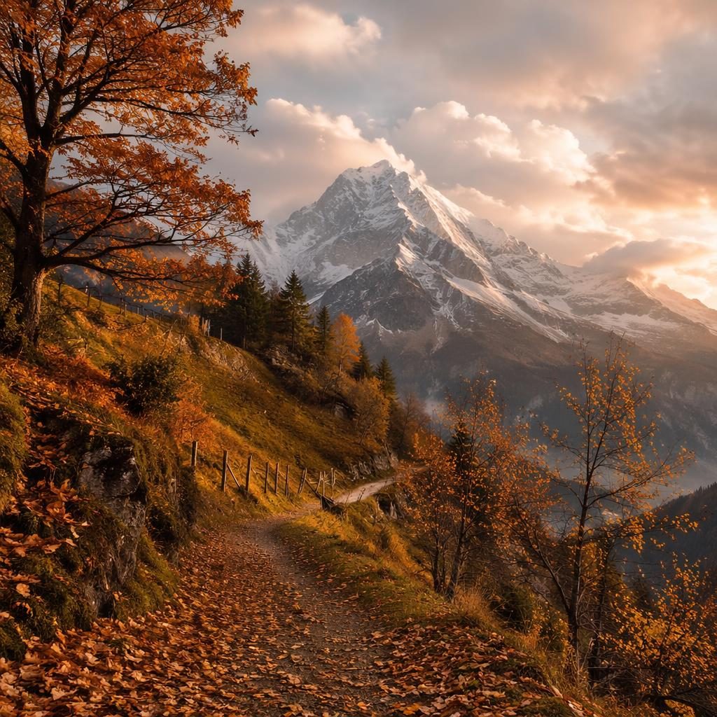 Dramatic ocean cliffs under overcast autumn light with warm sunset tones and a leaf-covered forest path in sharp focus.