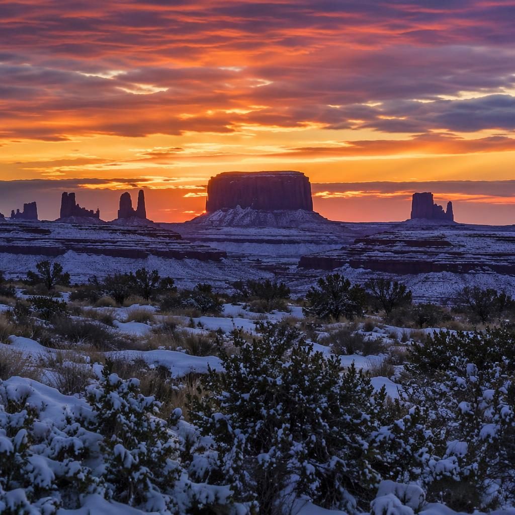 Photoreal landscape of Monument Valley red rock formations at sunset with cool blue shadows, sharp detail, and dramatic sky.