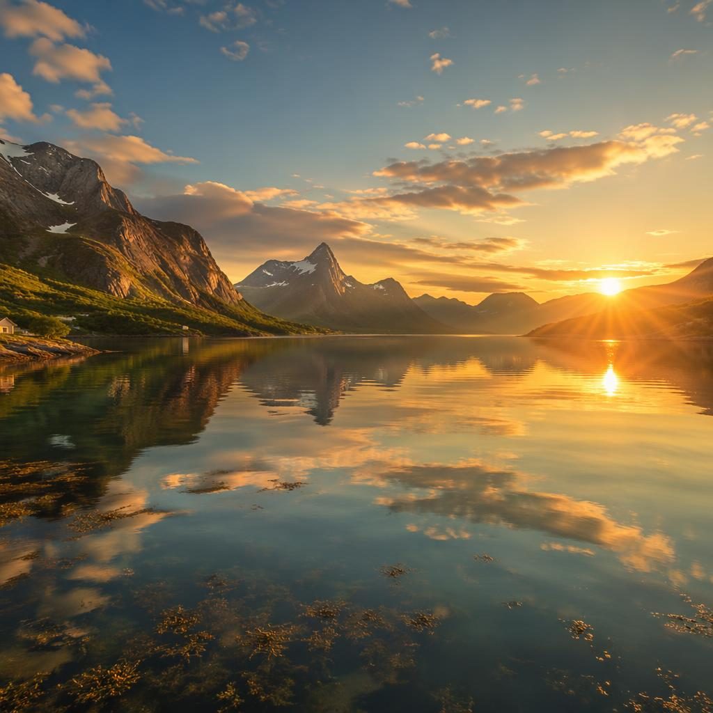 Photoreal view of a Norwegian fjord in summer under the midnight sun, with calm water, steep mountains, and glowing sky.