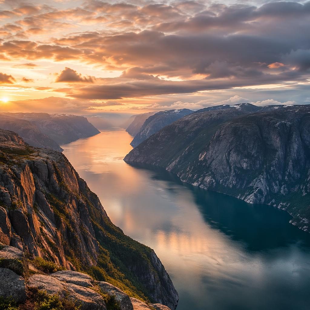 Fjord norvégien en été sous le soleil de minuit, falaises spectaculaires, lumière orageuse et tons pastel