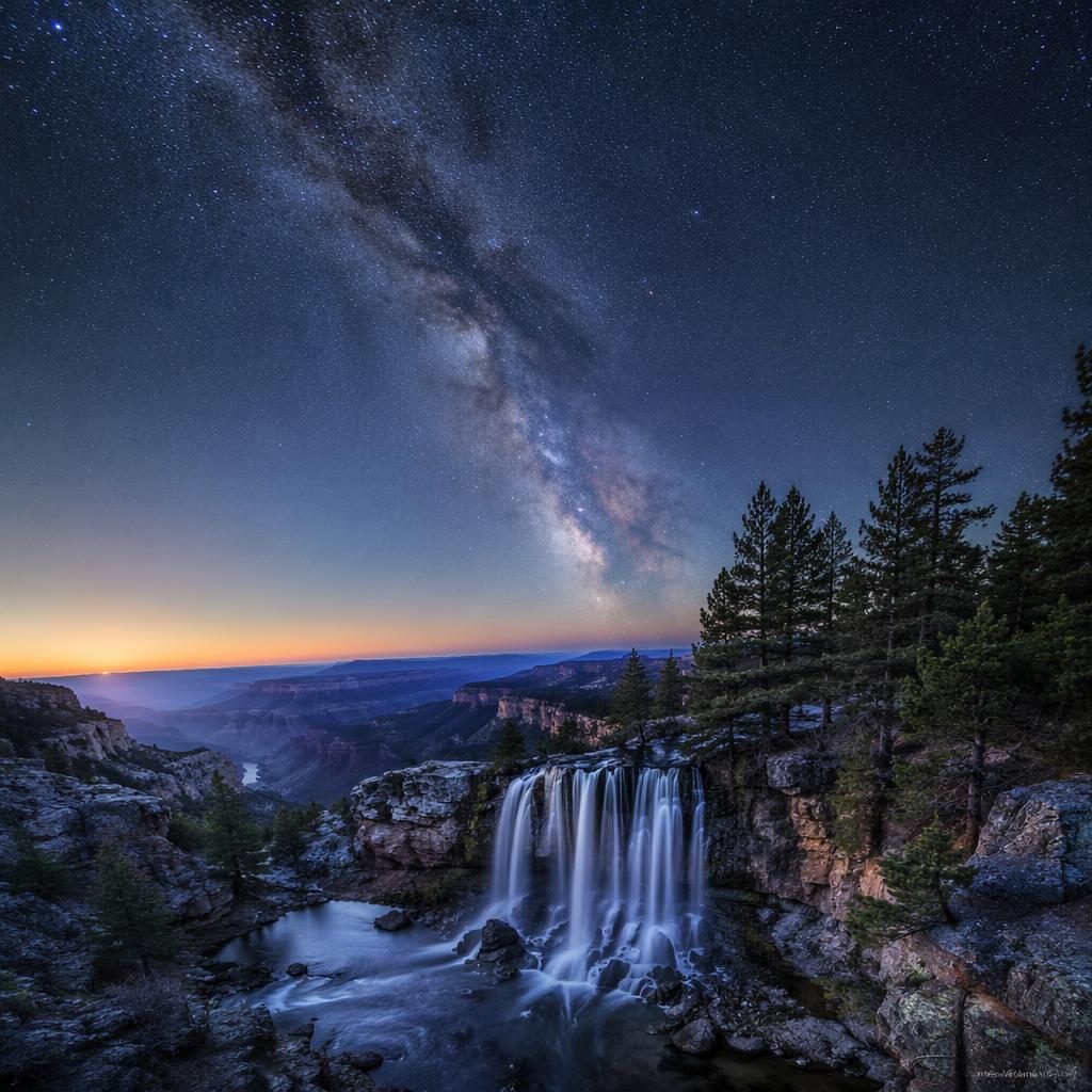 Grand Canyon North Rim at sunrise with a waterfall under the Milky Way, cool blue and silver tones, HDR landscape.