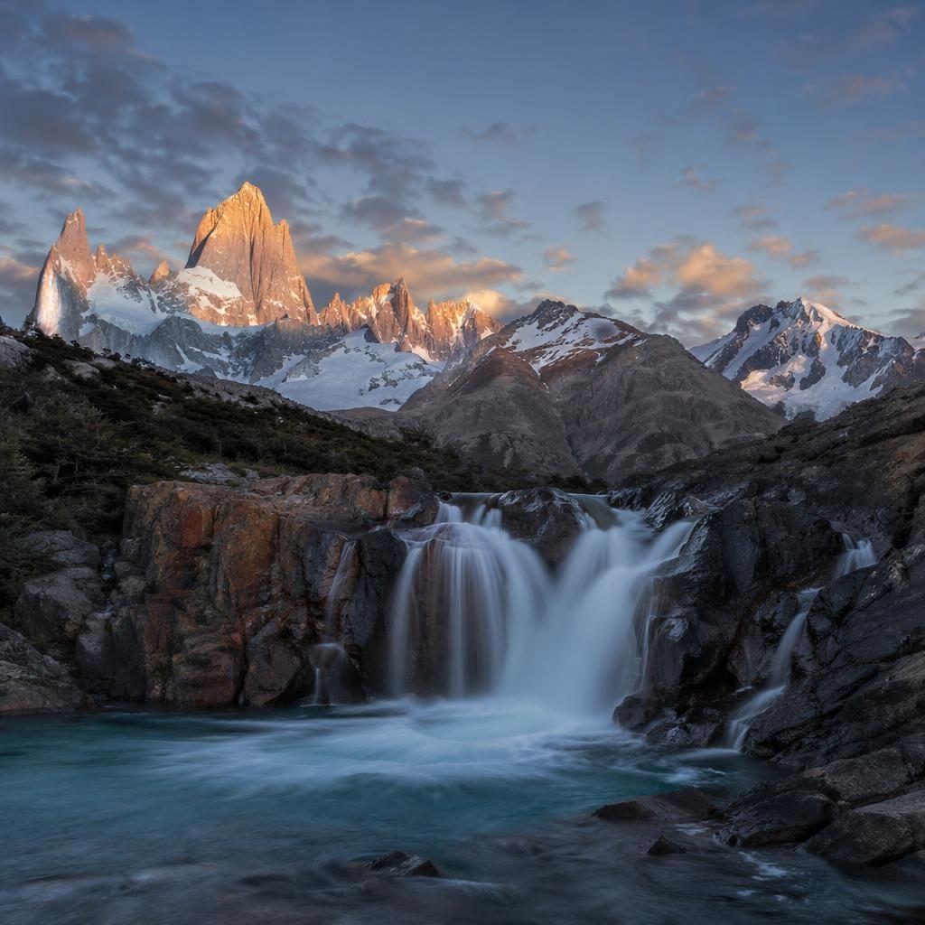 Waterfall in Patagonia mountains under a Milky Way sky at golden hour, cool blue and silver tones, serene spring landscape