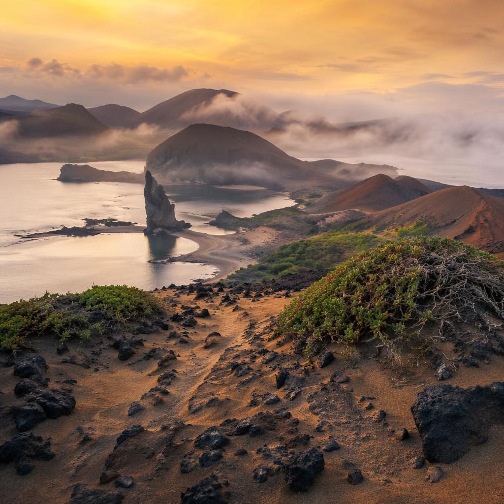 Dunas de arena con niebla matinal frente a una costa volcánica en Galápagos, luz dramática y enfoque nítido.