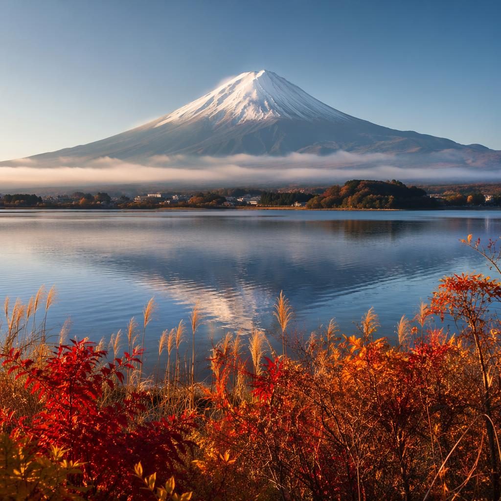 Hot air balloons drift over lavender fields at dawn under an overcast autumn sky in a cinematic Mt Fuji-style landscape.