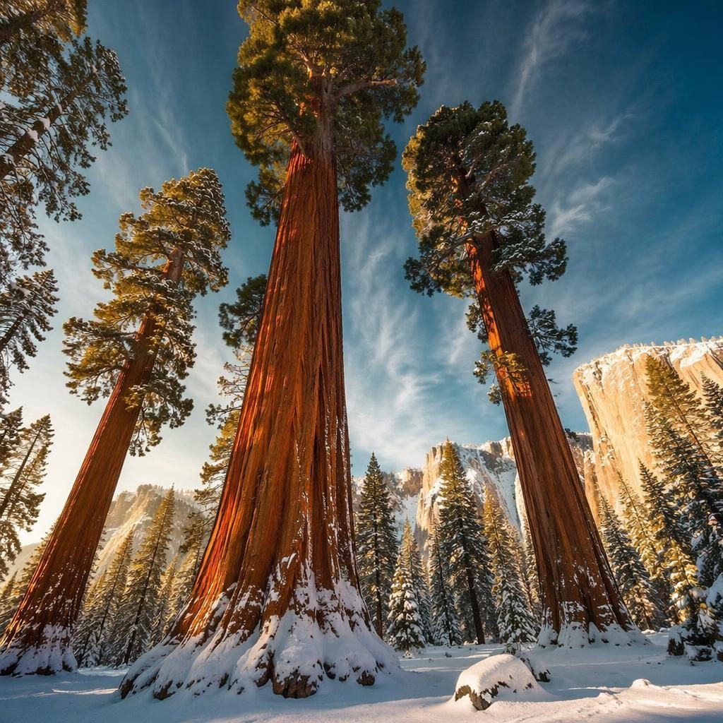 Giant sequoia trees in winter light with icy arctic atmosphere at golden sunrise, high-contrast monochrome landscape