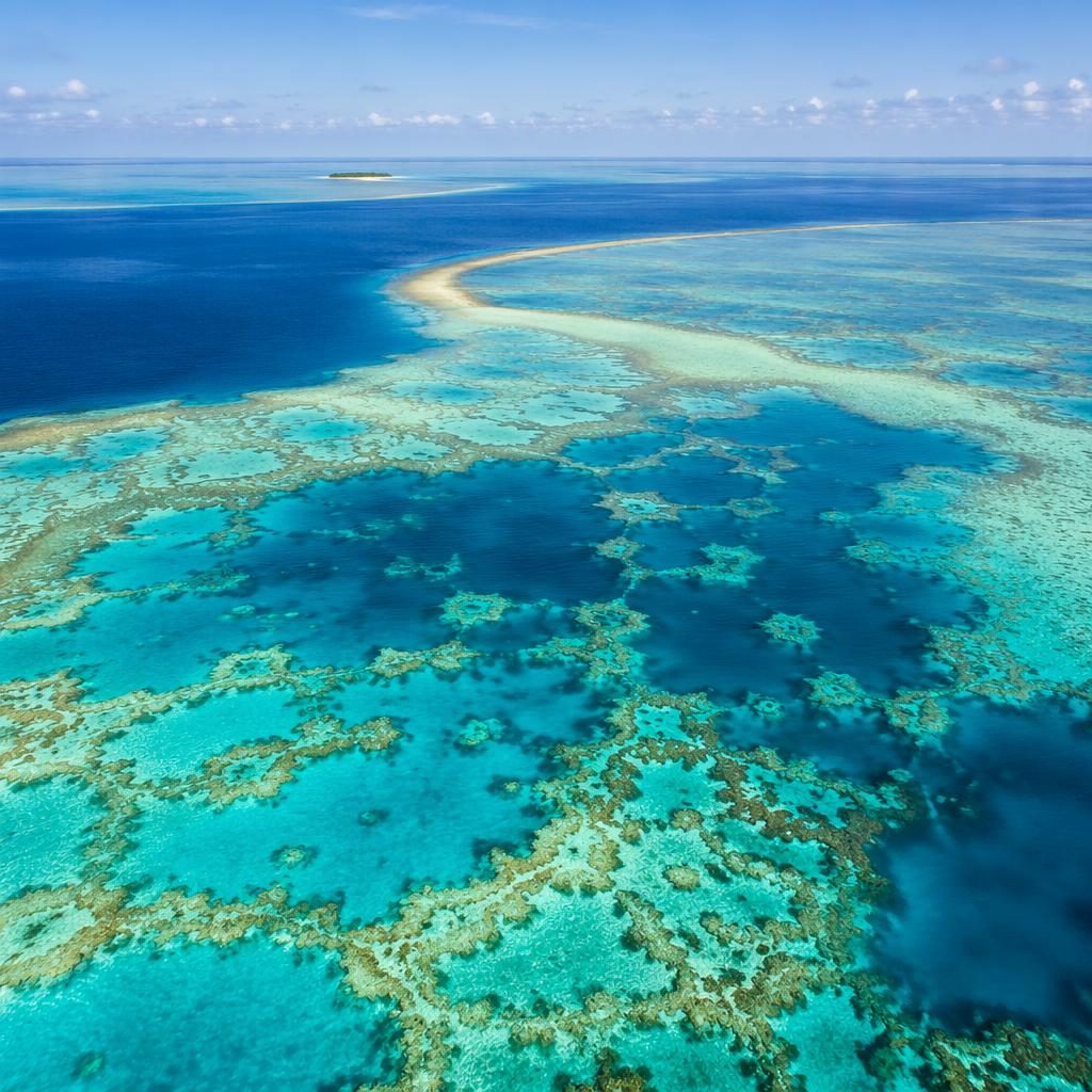 Aerial view of the Great Barrier Reef at foggy dawn with calm turquoise water, sand formations, and dramatic light.