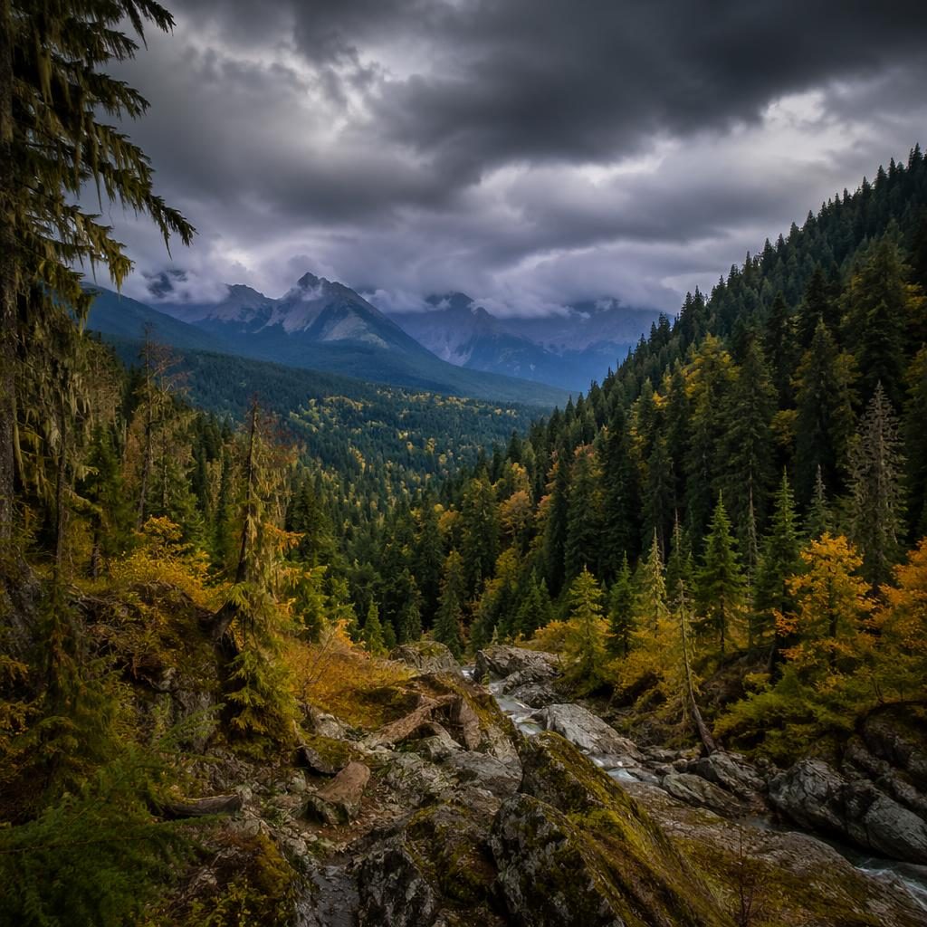 Stormy autumn view of Olympic National Park rainforest with dramatic light, dense trees, and an ochre-toned landscape.