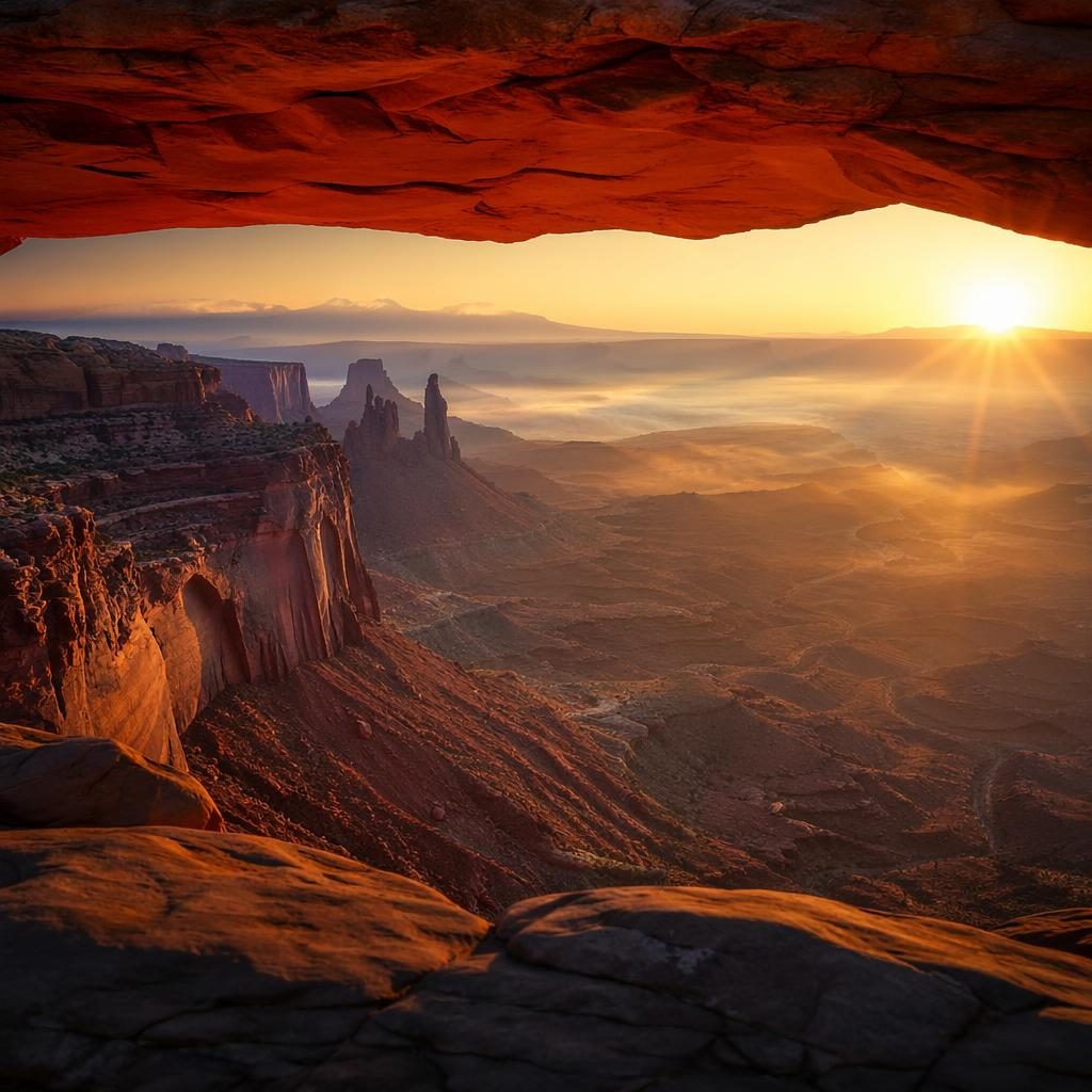 Nebel über goldenen Sanddünen im Arches National Park bei Sonnenaufgang, mit Sternenhimmel und warmem Licht