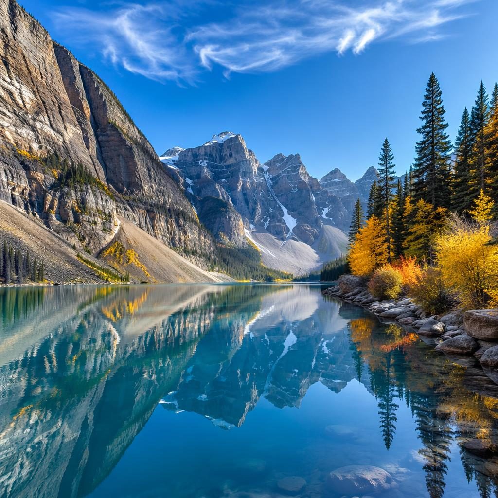 Lac d’automne dans les Rocheuses canadiennes, eau calme, montagnes, forêt dorée et lumière claire de midi
