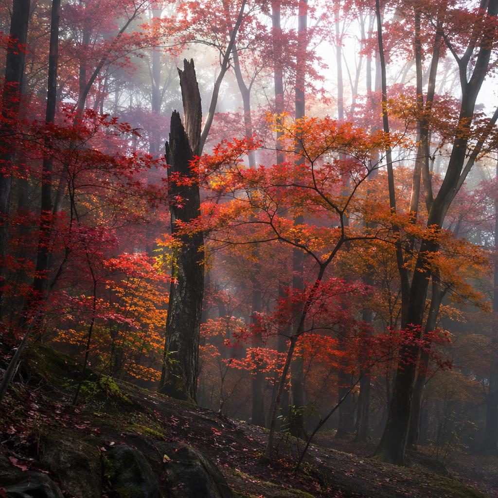Foggy autumn forest in Japan with red and orange momiji leaves, soft morning light, and a painterly landscape view.