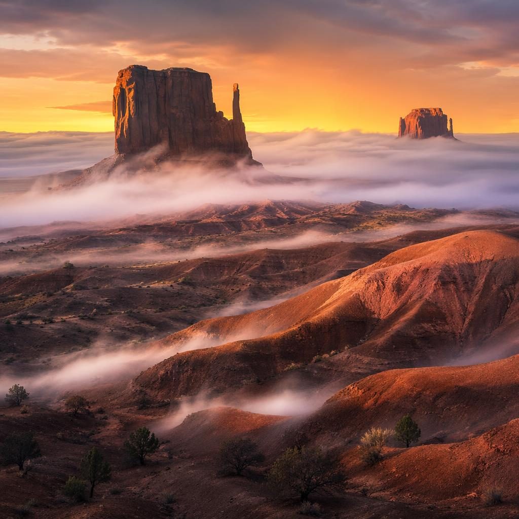 Foggy desert sand dunes and Monument Valley red rock buttes at warm sunset light, sharp focus, dramatic atmosphere.