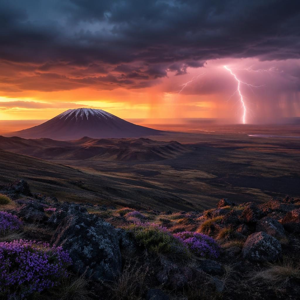 Lightning storm over volcanic plains at blue hour twilight with vivid clouds, warm sunset tones, and sharp photoreal detail.