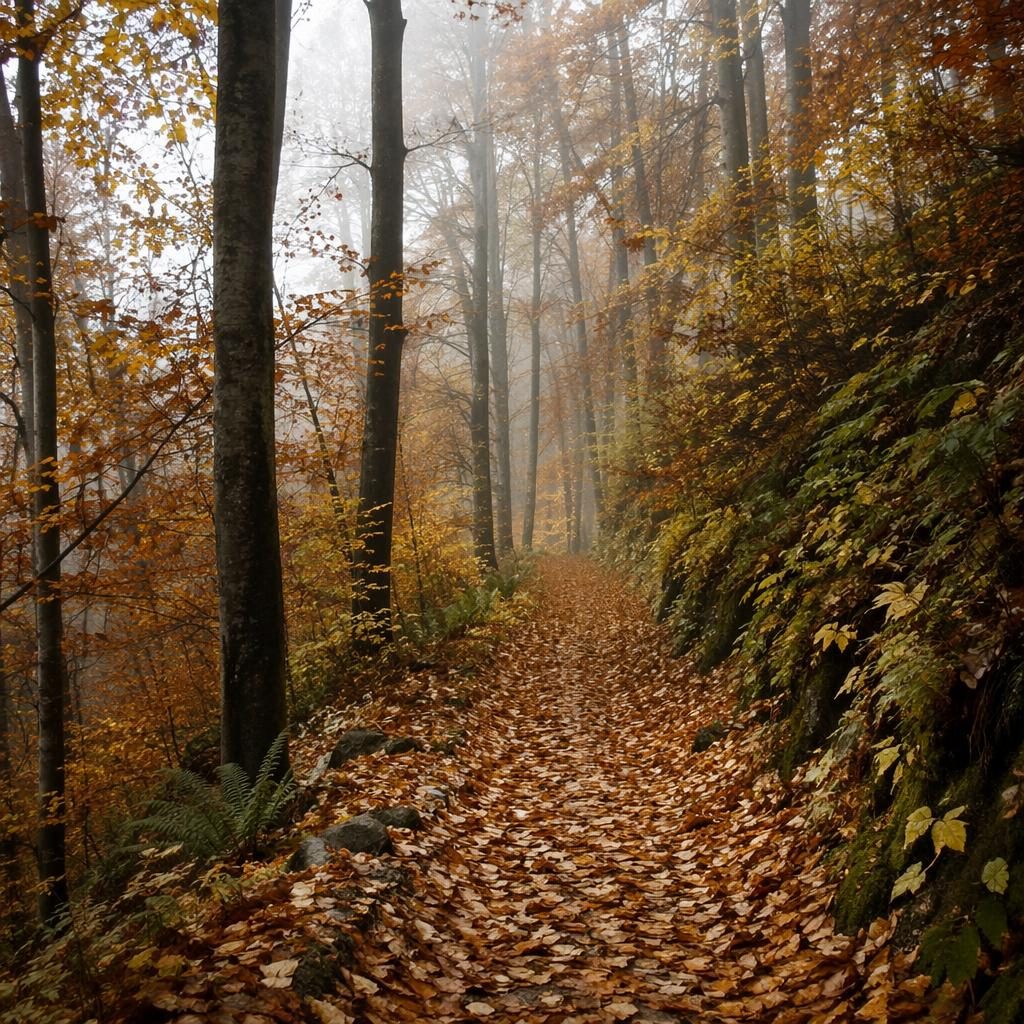 Schmaler Waldweg im Herbst mit dichtem Laub am Boden, kahle Bäume, weiches diffuses Licht, monochrome Anmutung.