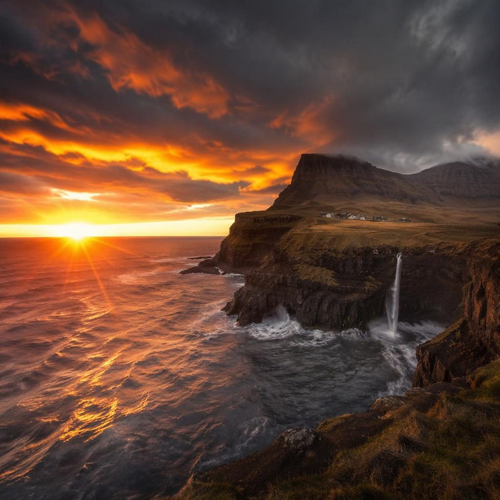 Volcanic cliffs in the Faroe Islands during blue hour twilight with storm clouds, warm sunset tones, and dramatic sea light