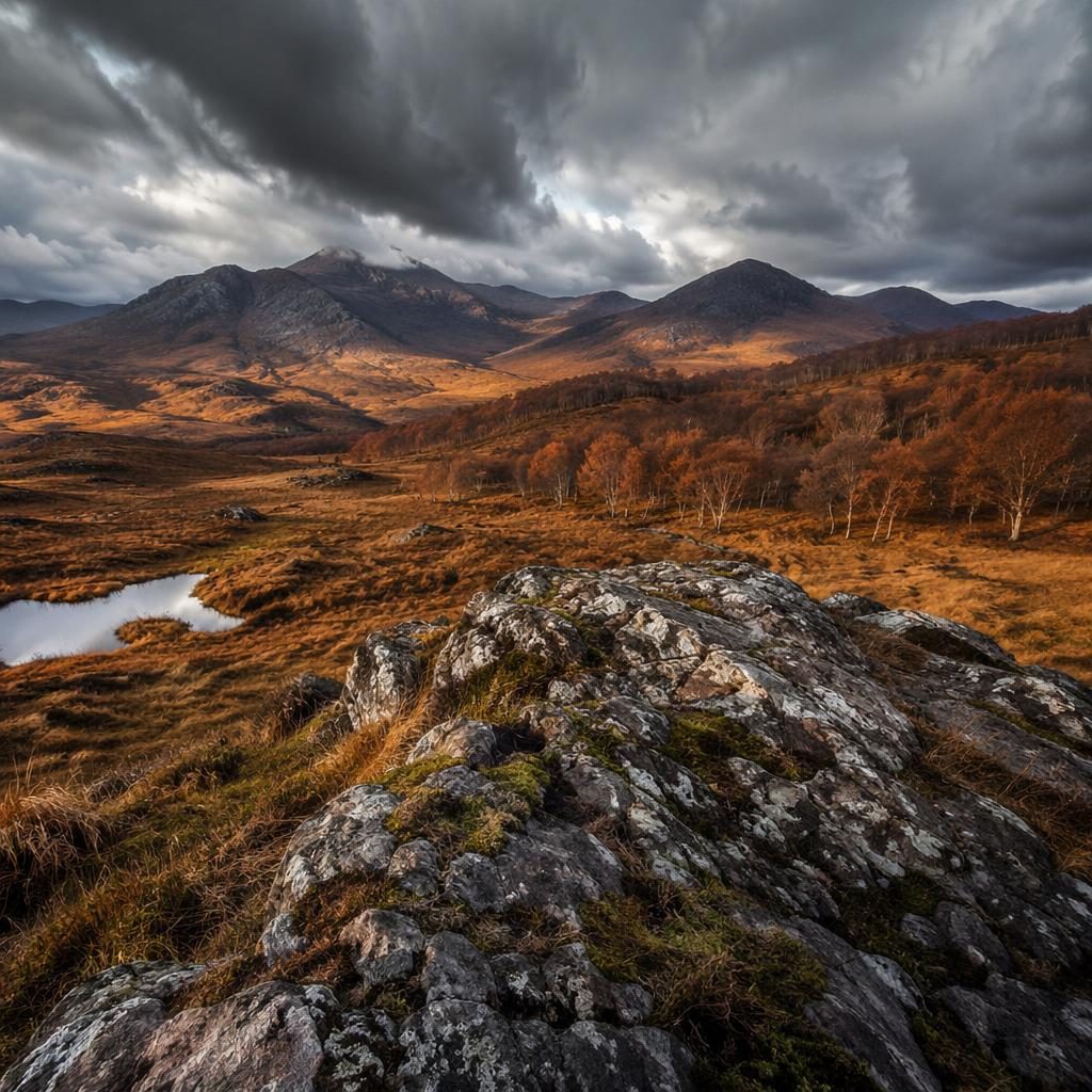 Storm clouds over the Scottish Highlands with autumn grass, ochre moorland, and dramatic light across a wild savanna-like landscape.
