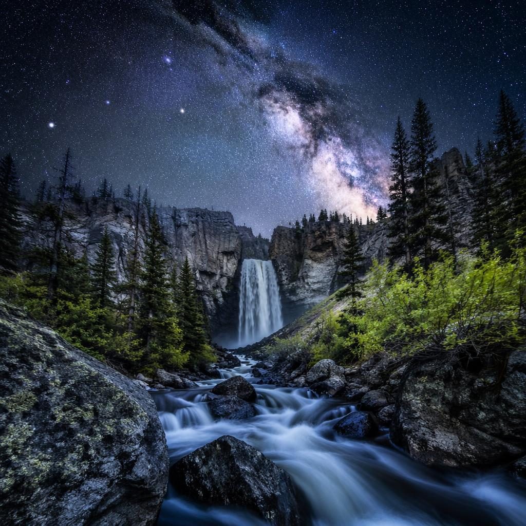 Waterfall under a Milky Way sky in spring, with a canyon-style light beam, cool blue and silver tones, and sharp HDR detail.