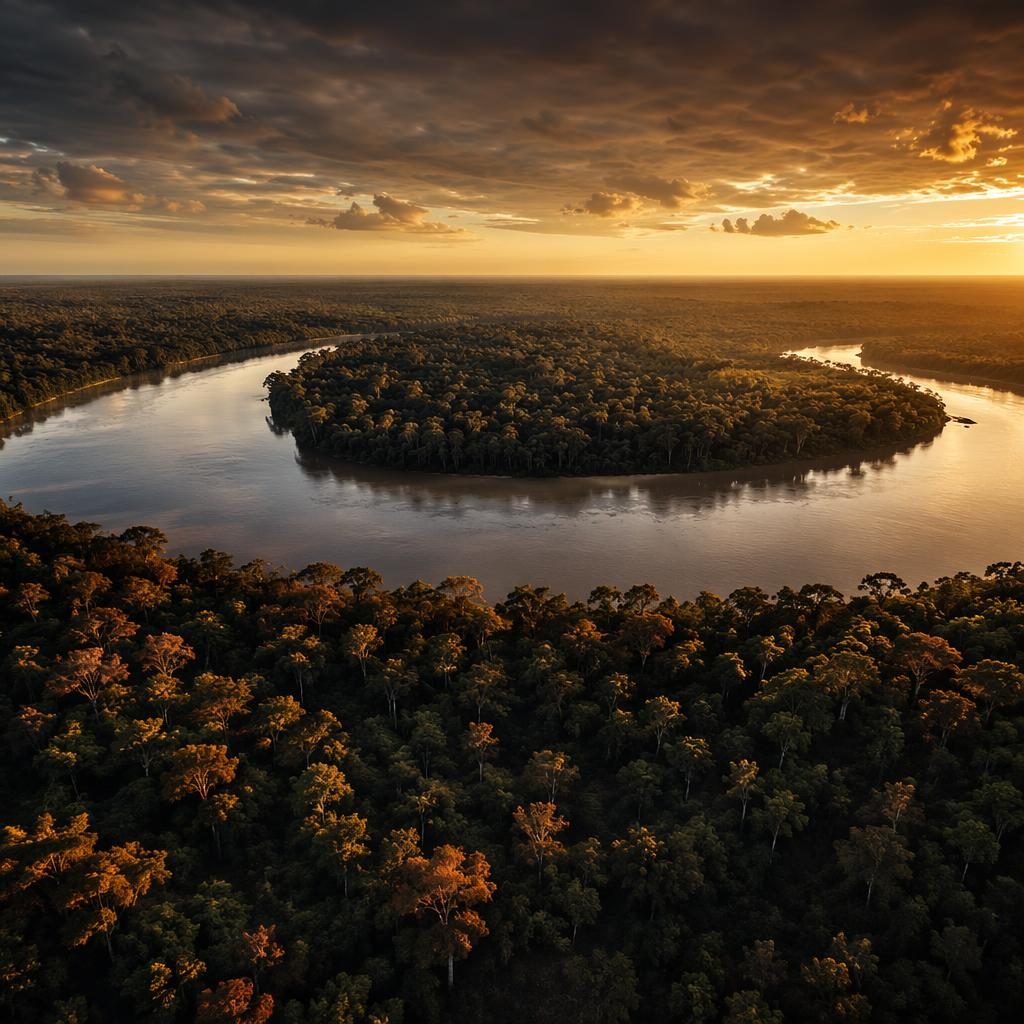 Luftaufnahme einer Amazonas-Flussbiegung mit dramatischem Licht, dichter Natur und fotorealistischer Tiefe