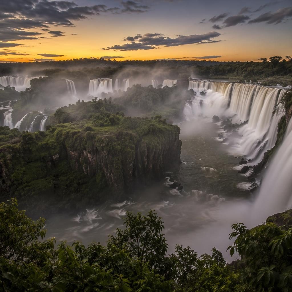 Panoramic view of Iguazu Falls at night beneath the Milky Way, with lush forest, mist, and dramatic natural light