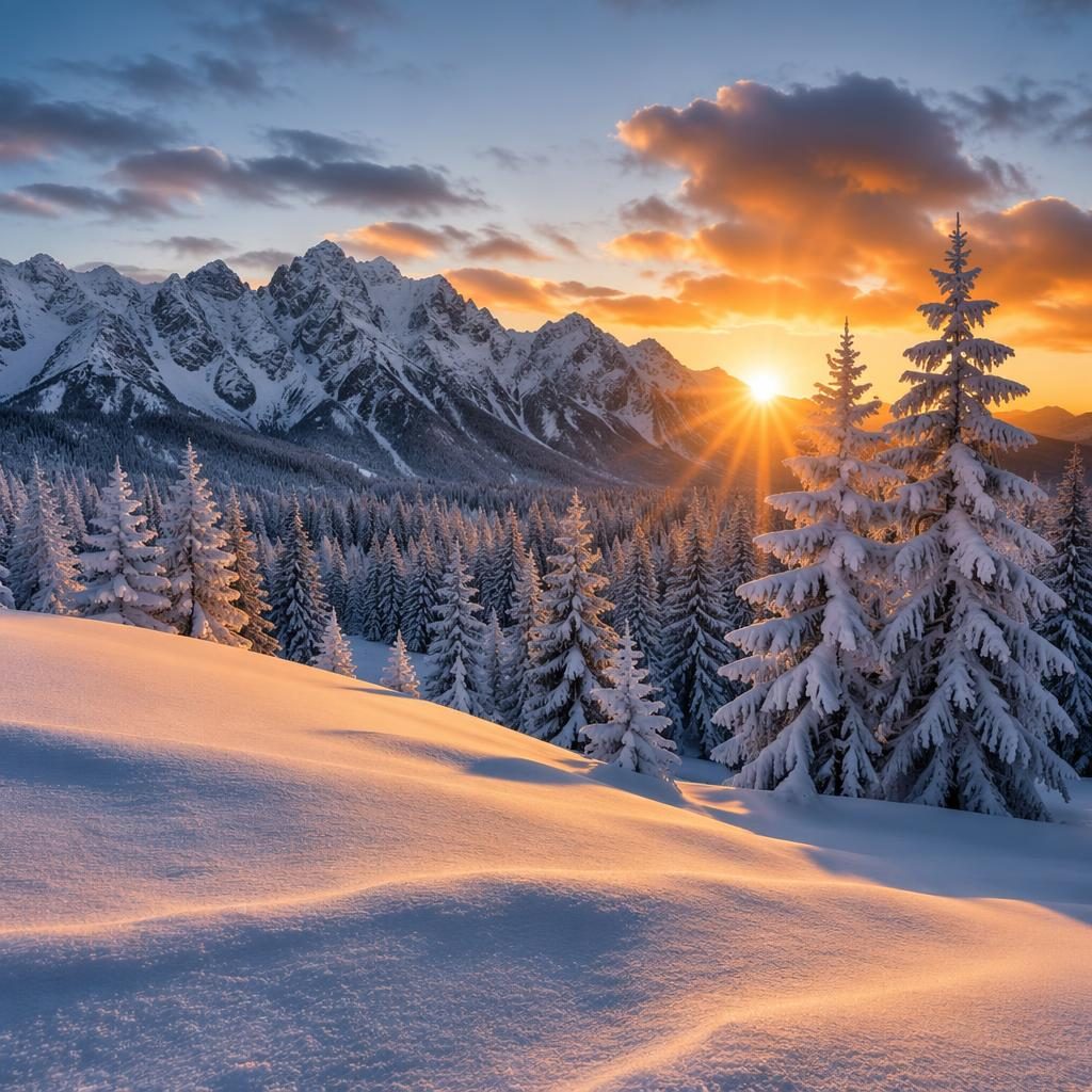 Paisaje de alpes invernales con hielo ártico, árboles nevados y amanecer dorado en luz dramática