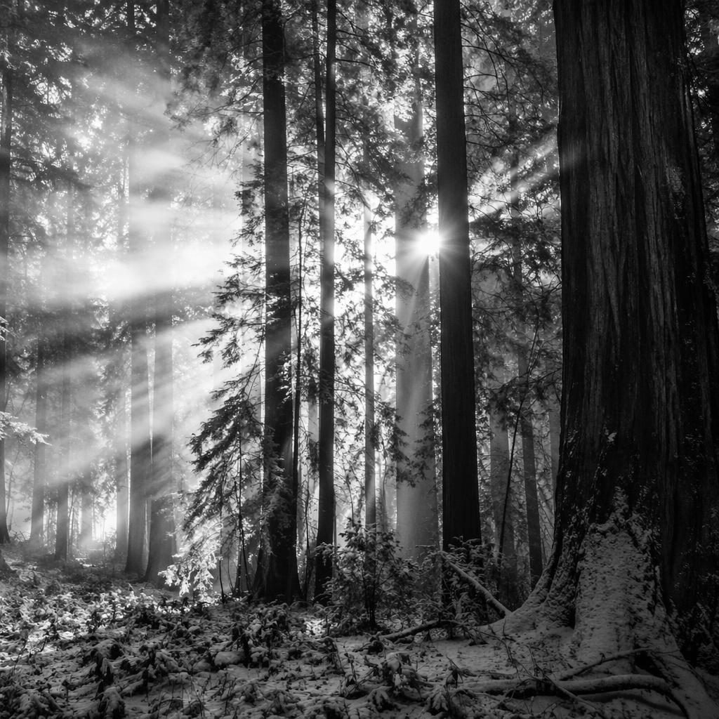 High-contrast black and white redwood forest with sunbeams through tall trees in sharp, dramatic morning light.