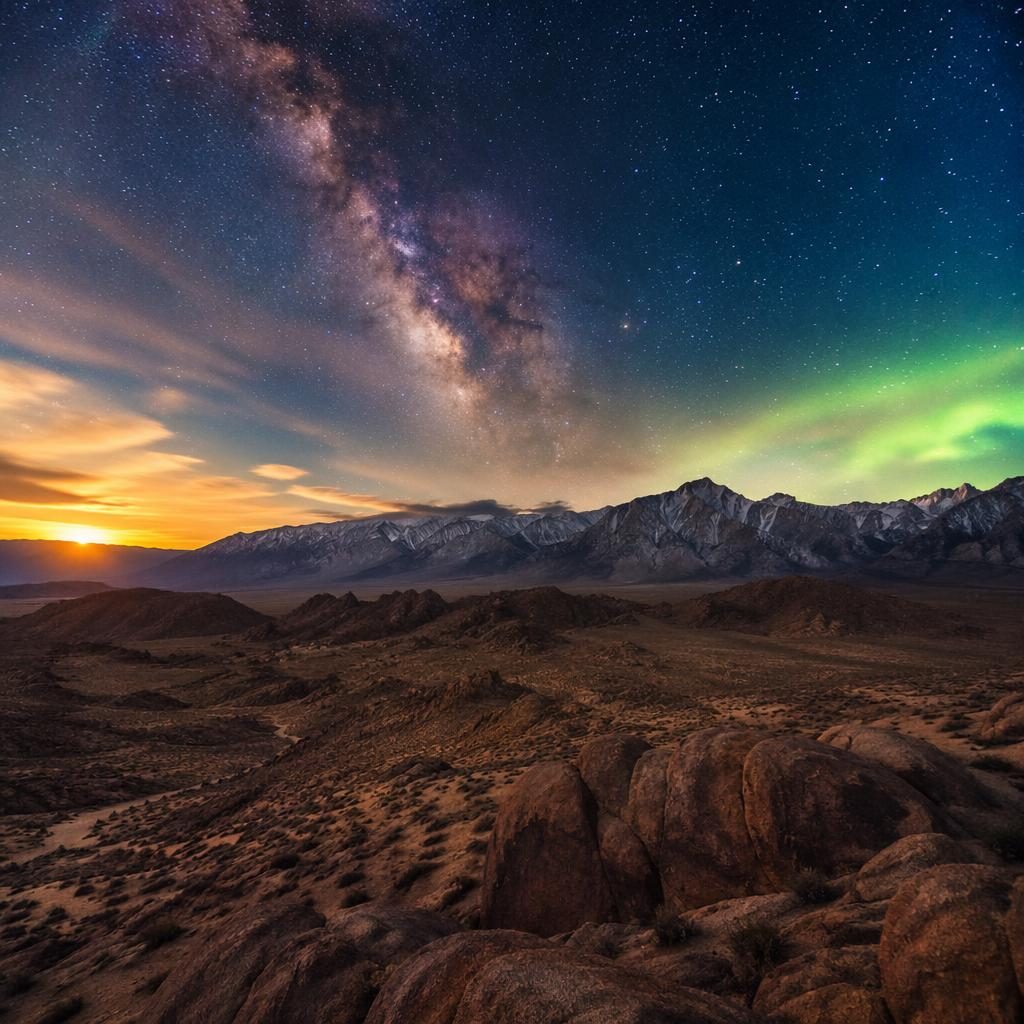 Aurora and Milky Way over mountain peaks at golden hour, with dramatic desert ochre tones and sharp atmospheric light.
