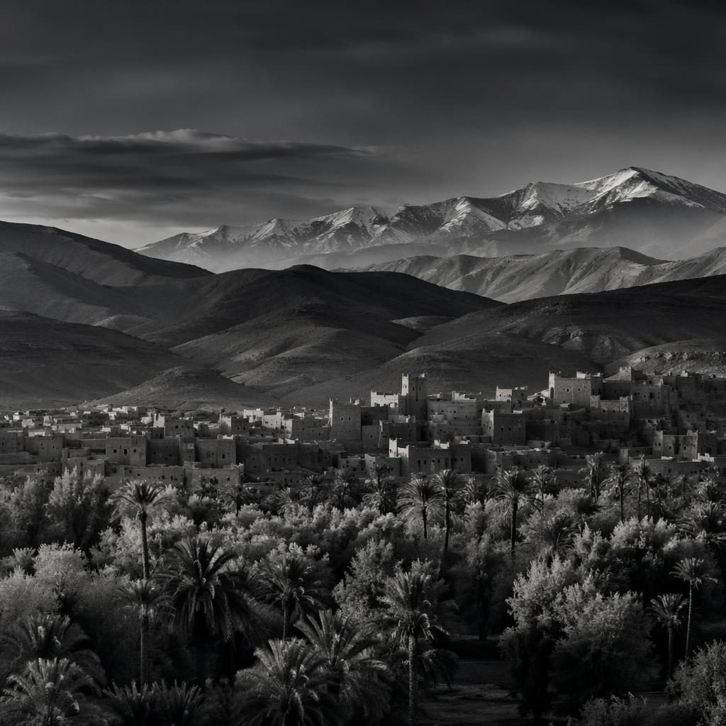 Rolling hills and distant mountains at blue hour over a Moroccan desert oasis in spring, cinematic monochrome light