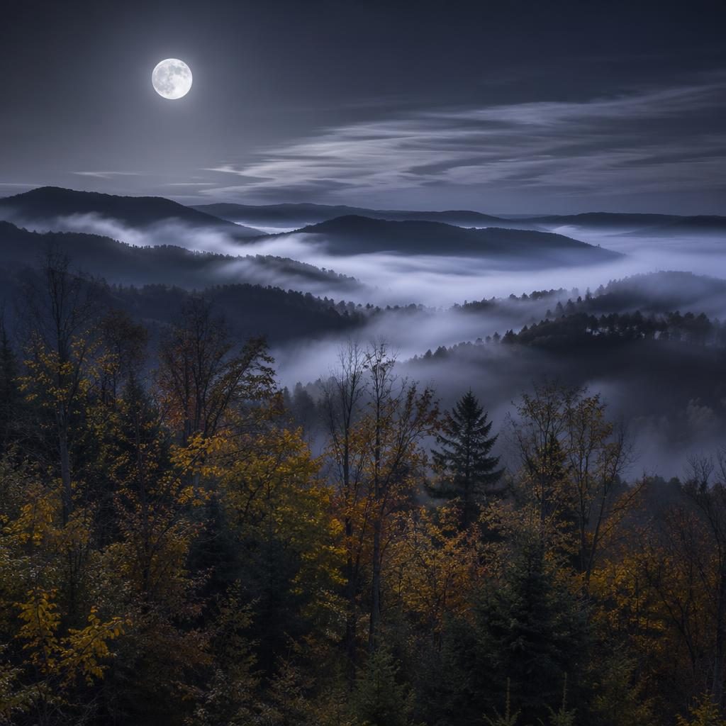 Bosque otoñal brumoso en las Great Smoky Mountains bajo luna llena, en blanco y negro, con niebla y luz dramática.