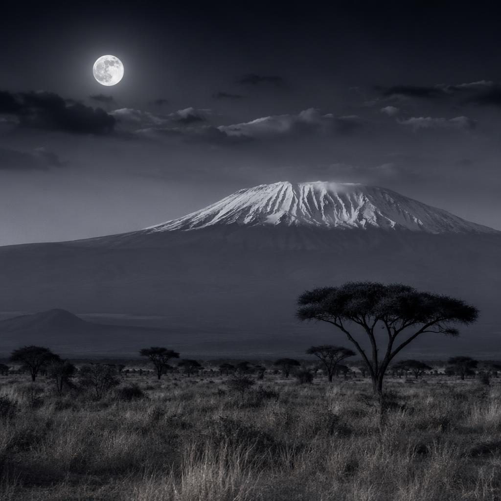 Monochrome landscape of Serengeti grassland at dusk with a full moon, dramatic sky, and sharp atmospheric light.